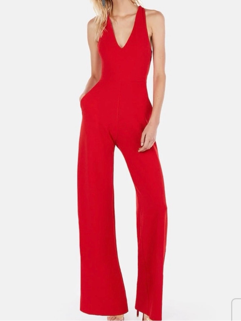 Express Bright Red Sleeveless V-Neck Wide-Leg Jumpsuit Small